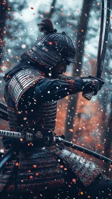 Storm-lit samurai ignites the snowfall with steel and resolve.