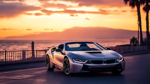 Silver convertible sports car drives along coastal road at sunset