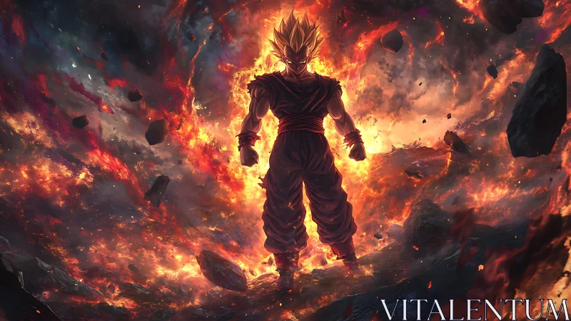 Storm-lit warrior strides through a collapsing cosmic inferno