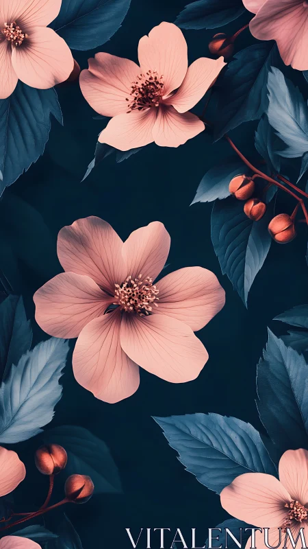 Pink Flowers and Dark Foliage: Digital Botanical Composition.