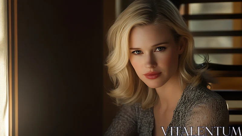 Blonde woman framed by soft window light indoors