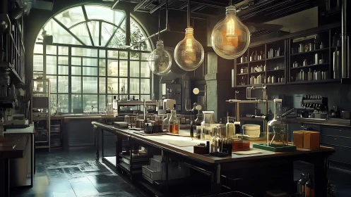 Industrial daylight chemistry lab with vintage glasswork and rigs
