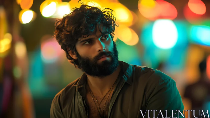 Bearded man stands in neon street glow at night