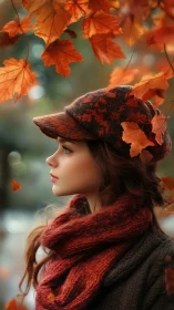 Cozy autumn stroll with a thoughtful girl in falling leaves.