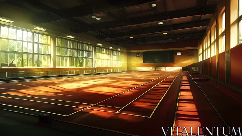 Sunlit lines stretch quietly across the waiting gym floor