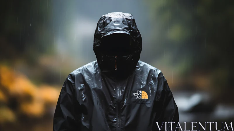 Figure in waterproof jacket in rainfall conditions