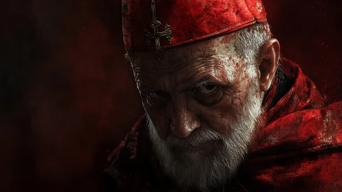 Haunting portrait of a bloodstained cardinal in shadowed red.