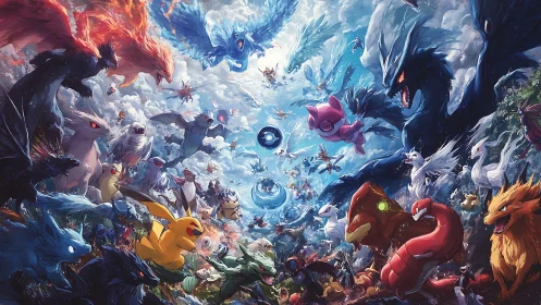 High-energy legendary creature convergence in turbulent sky battle.