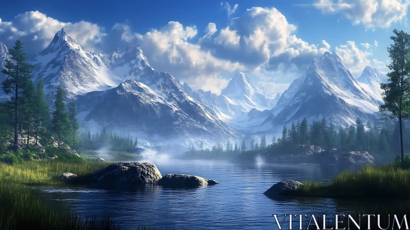 Snow covered mountain range over calm forest lake scene.