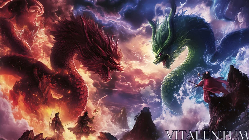 Twin elemental dragons clash above heroes on shattered peaks.