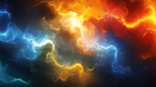 Cosmic rivers of fire and frost entwine in stormy nebula.
