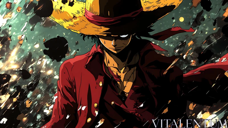 Straw-hatted hero strides through sparks with fierce resolve.