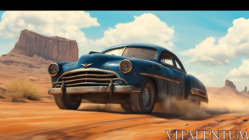 Dusty blue classic car racing through sunlit desert trails.