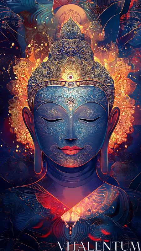 Digital painting of luminous Buddha portrait with ornate linework.