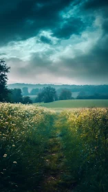 Moody countryside path beneath brooding teal storm clouds.