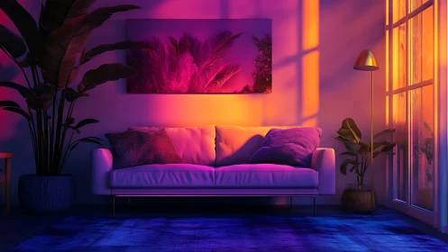 Modern living room in neon sunset gradient lighting.