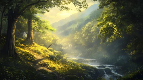 Mountain Forest River Valley Dawn Light.