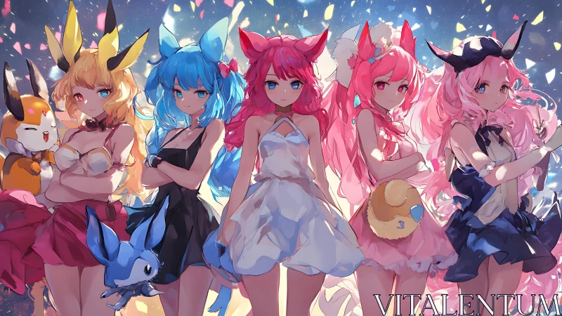 Anime girls with animal ears in bright party dresses.