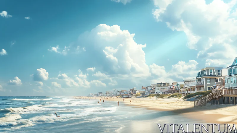 Coastal shoreline with beach houses under luminous clouds.