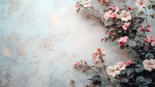 Pink Climbing Roses Against Weathered Stone Wall
