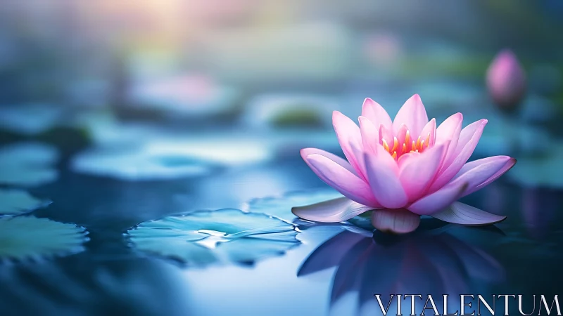 Serene pink waterlily over reflective cyan pond surface.