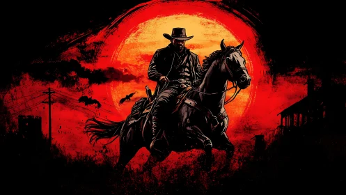 Midnight rider crossing a blazing frontier sunset sky.