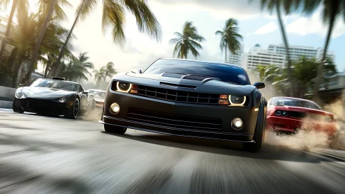 Muscle cars race hard through a sunlit palm lined city street