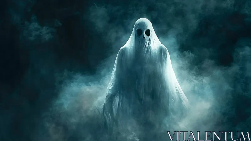 Spectral apparition in atmospheric fog, high-contrast digital rendering.
