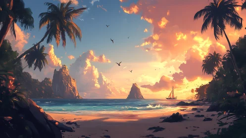 Tropical Cove at Sunset with Sailboat and Rock Formations