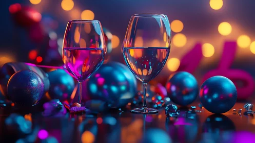 Colorful party wine glasses glow amid festive neon bokeh