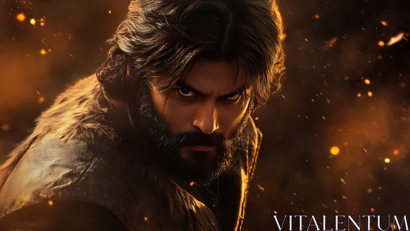 Smoldering warrior portrait amid flying embers at dusk.