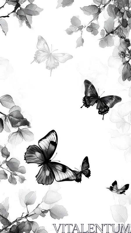 Monochrome butterflies drifting through whispered ink leaves.