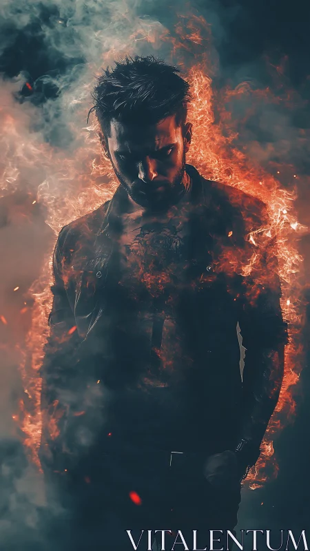 Moody man in flames surrounded by swirling smoke and fire.