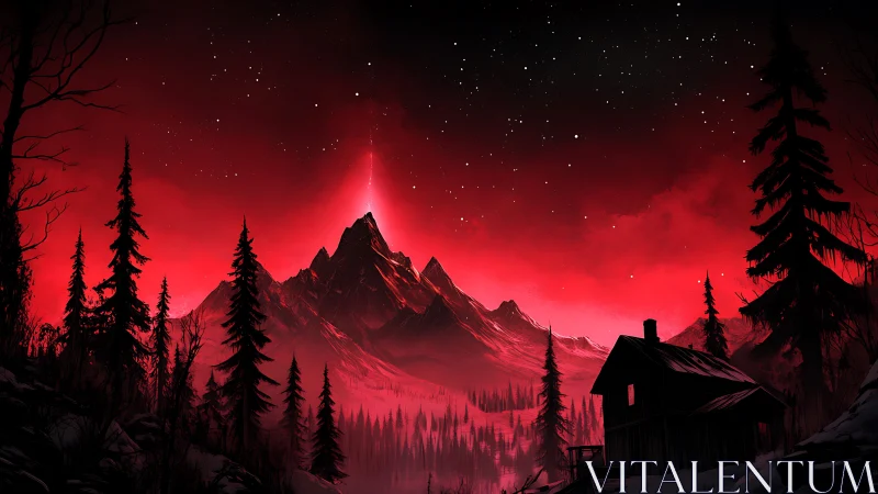 Red-illuminated mountain range rises behind forest cabin