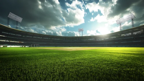 Sunlit sports stadium field is shown under cloudy sky
