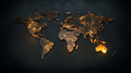 Glowing world map silhouette radiates golden city lights