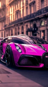 Magenta supercar gliding through golden city streets.