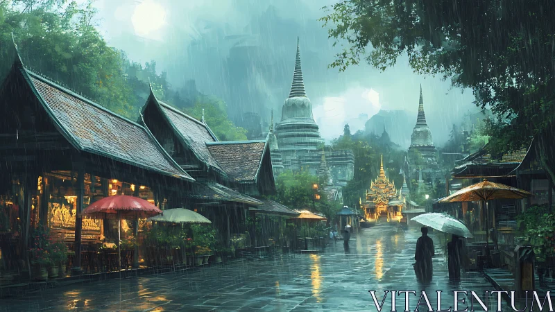 Monsoon lanterns and temple spires in emerald rainlight.