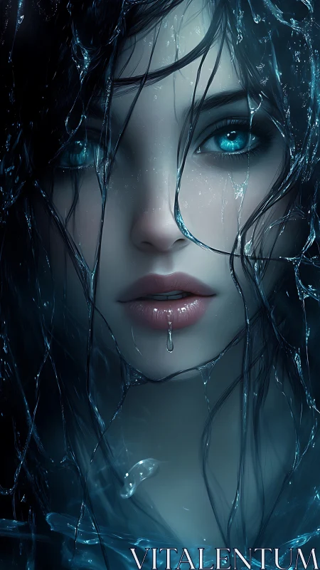 Bioluminescent water spirit portrait with dripping liquid details