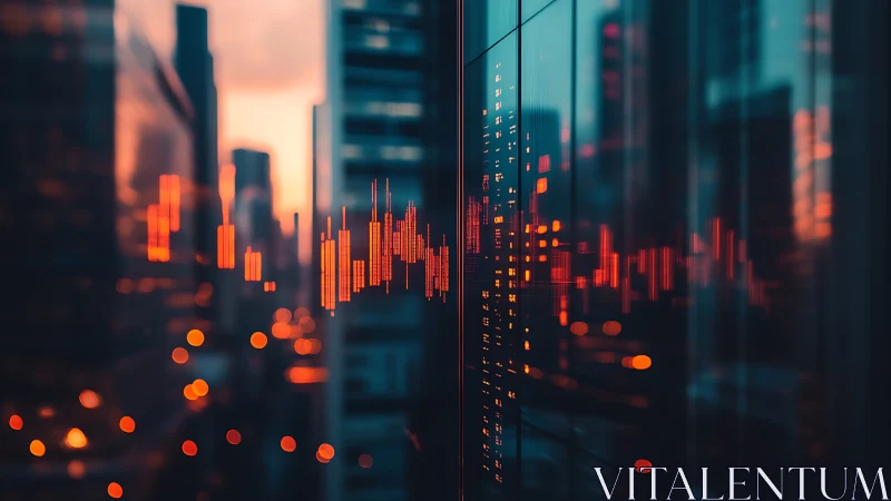 Cyberpunk data waveform across reflective city facade.