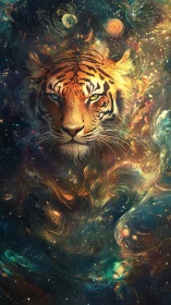 Stellar tiger spirit drifting through a cosmic aurora dreamscape.