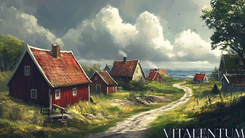 Sunlit coastal village path winds beneath towering clouds