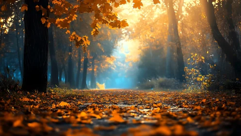 Golden Autumn Forest Path Illuminated by Sunlight.