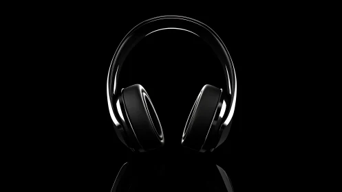 Black over ear headphones on reflective black background.