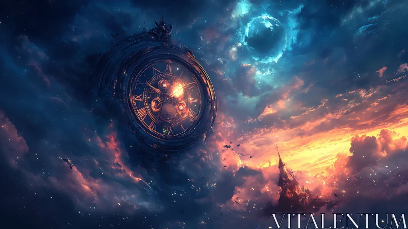Celestial clock drifting through a sky of glowing storms.