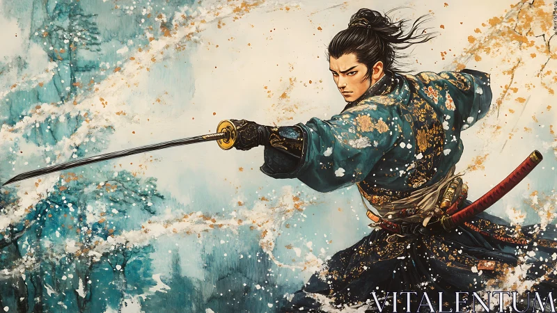 Samurai swordsman in dynamic winter kata, splashed ink style