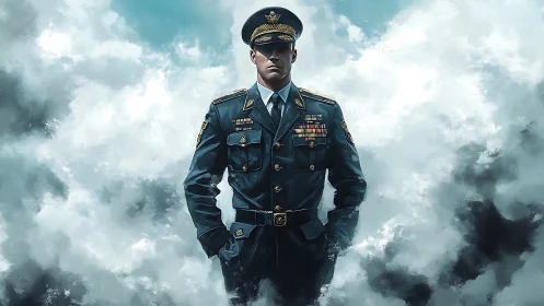 Decorated military officer stands in clouds in cinematic portrait