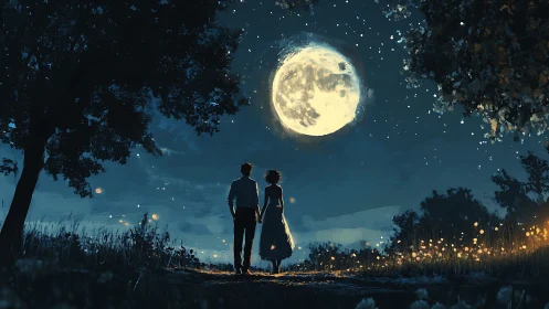 Couple Under Luminous Moon Night Sky