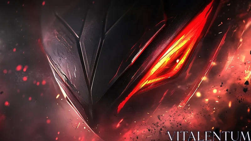 Angular metallic mask with red illuminated eye detail.