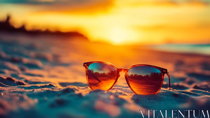 Sunglasses rest on sunlit beach sand during vivid sunset